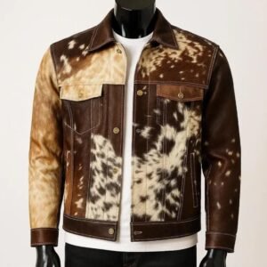 Men's Brown and Cream Cowhide Leather Jacket Handmade Trucker Style Coat with Genuine Cowhide Leather