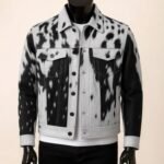 Men's Genuine Cow Print Trucker Jacket in Black and White Cowhide Fur Leather with Snap Button Western Design Handmade