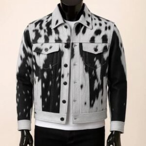 Men's Genuine Cow Print Trucker Jacket in Black and White Cowhide Fur Leather with Snap Button Western Design Handmade