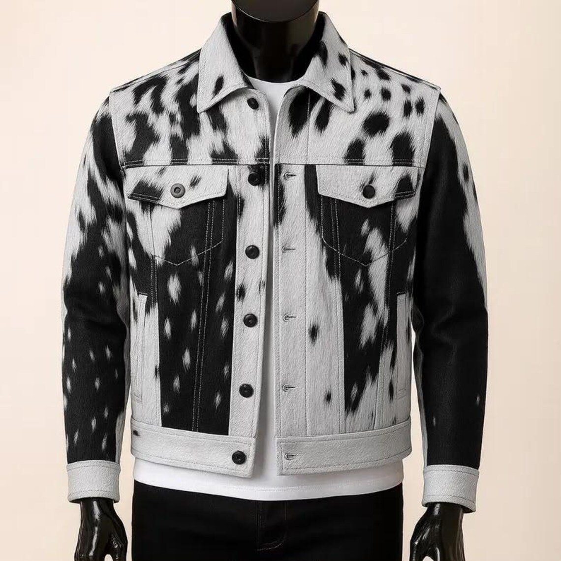 Men's Genuine Cow Print Trucker Jacket in Black and White Cowhide Fur Leather with Snap Button Western Design Handmade