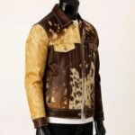 Cowhide Leather Jacket for Men | Brown Cream Trucker Coat - Image 2