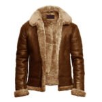 Men's brown shearling leather jacket with genuine leather exterior, warm fur collar, lining, cuffs, and hem