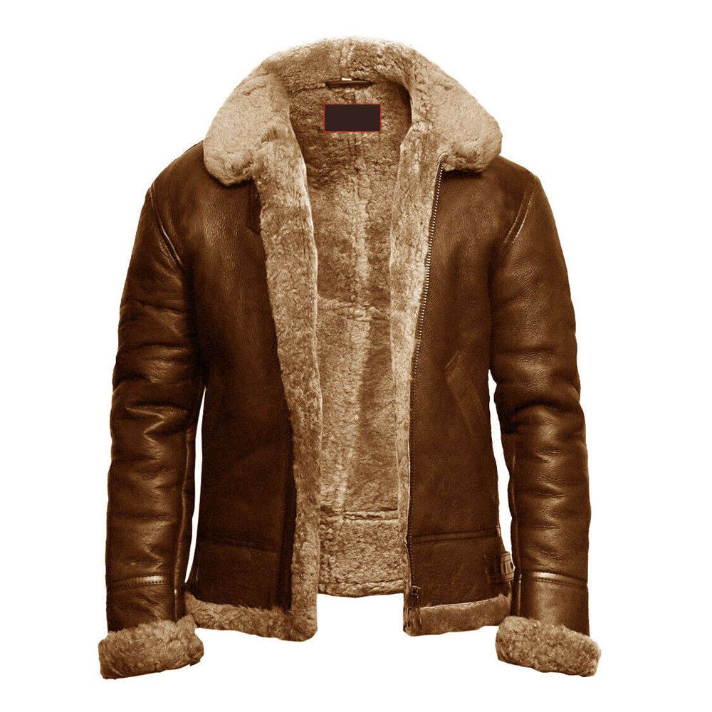 Men's brown shearling leather jacket with genuine leather exterior, warm fur collar, lining, cuffs, and hem