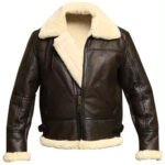 Men's black leather shearling bomber jacket with cream fur collar, cuffs, and waist trim