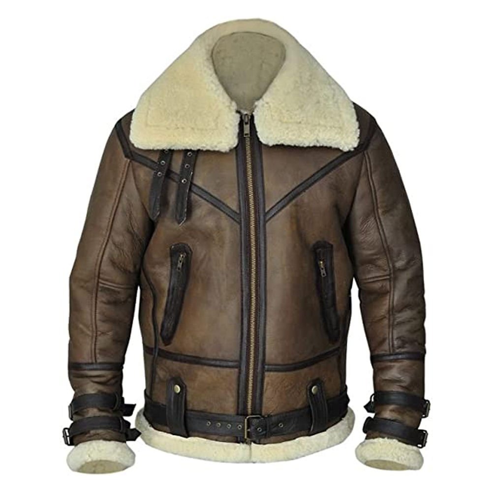 Men's brown leather shearling aviator jacket with cream fur collar, cuffs, hem, front zipper, and strap details