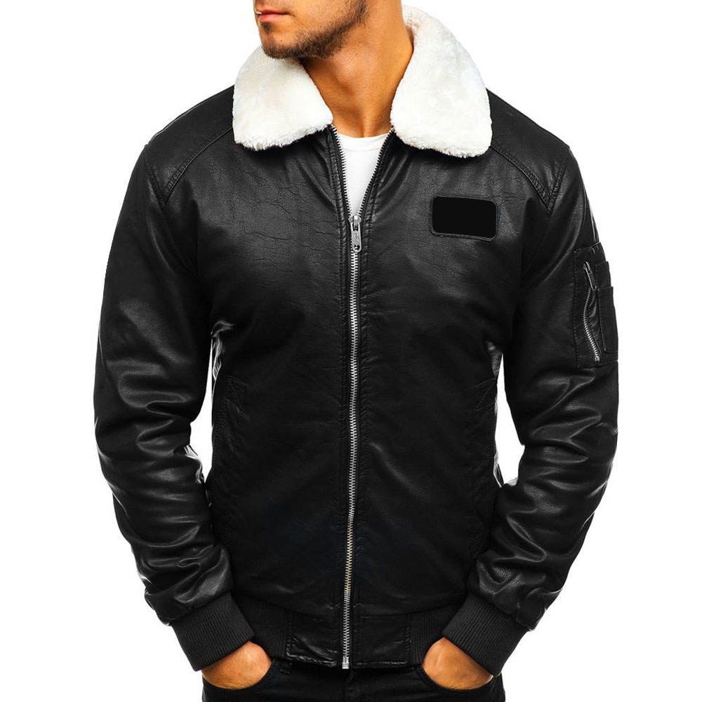 Men's black leather bomber jacket with white shearling collar, front zipper, ribbed cuffs, and sleeve pocket