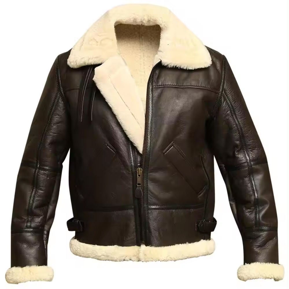 Men's black leather shearling bomber jacket with cream fur collar, cuffs, and waist trim