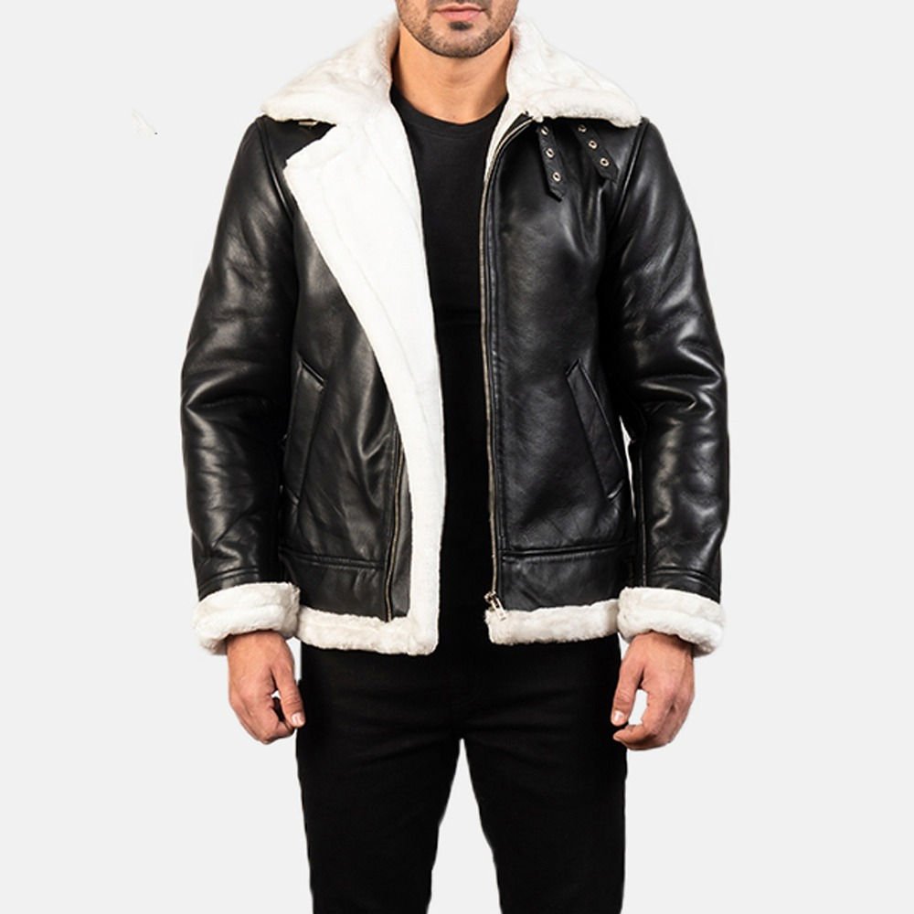 Men's black leather shearling jacket with white fur collar, cuffs, hem trim, front zipper, and angled pockets