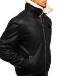 Black Leather Bomber Jacket for Men | White Shearling Collar - Image 5