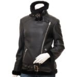 Women's Shearling Biker Jacket | Black Leather Fur Coat - Image 2
