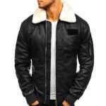 Black Leather Bomber Jacket for Men | White Shearling Collar - Image 2