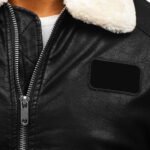 Black Leather Bomber Jacket for Men | White Shearling Collar - Image 4
