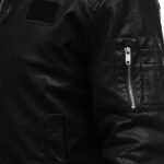 Black Leather Bomber Jacket for Men | White Shearling Collar - Image 3